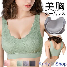 Karly Shop シームレスブラ ノンワイヤー ナイトブラ 谷間 育乳 ホールド バストアップ パッド付 取り外し 脇高 レース 楽ブラ as03