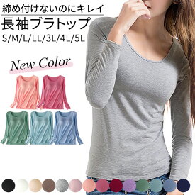 カップ付き 長袖 プラトップ 大きいサイズ レディース あったか 肌着 インナー tシャツ 丸首 さらさら 薄手 締め付けない 黒 白 赤 青 水色 緑 紫 冬 rr66 プレゼント ギフト 母の日 父の日 敬老の日 バレンタイン ホワイトデー クリスマス