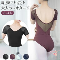 バレエ レオタード 大人 半袖 袖あり メッシュ パッド入れ バストポケット 大きいサイズ 光沢 透け感 お…