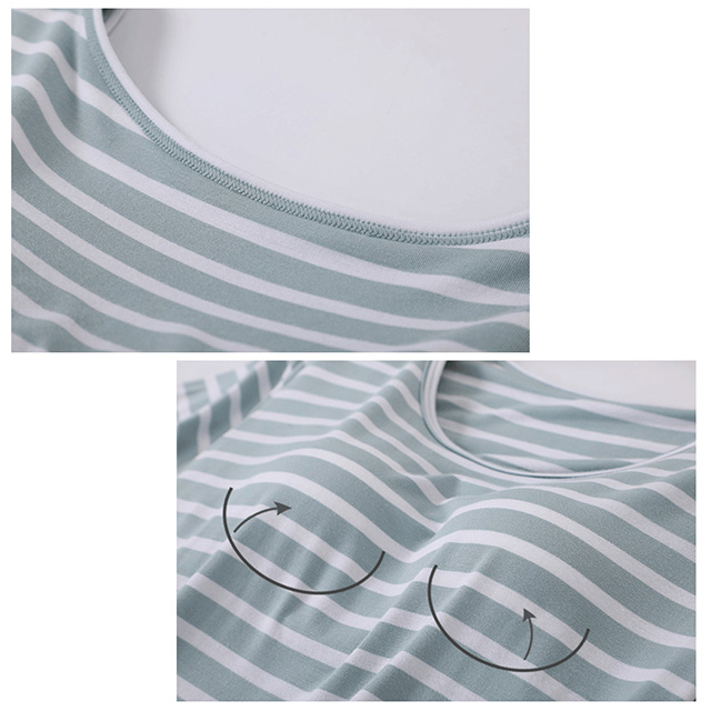 ルームウェア カップ付 部屋着 上下セット ボーダー パジャマ 胸元2重 モールドカップ 3D設計 綺麗なバスト 半袖 綿　rr3 (pc9) |  karlyshop　import
