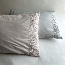 枕カバー 50×70 【Bloom】 ローズピンク グレー 刺繍 シャーリング インド綿100％ おしゃれ かわいい