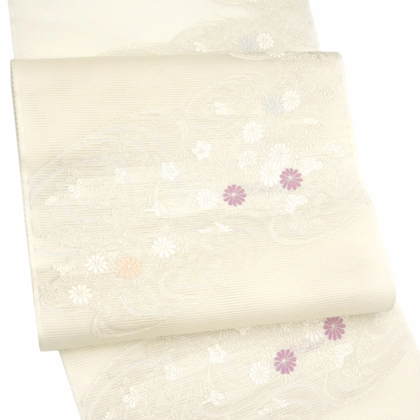 オンラインストア超特価 紗の六通袋帯▫白地に銀、薄緑、ピンクで萩