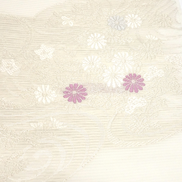 驚きの価格 紗の六通袋帯▫白地に銀、薄緑、ピンクで萩、桔梗模様▫芯
