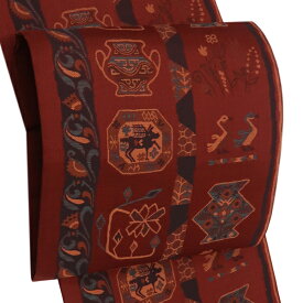 洒落袋帯 赤色 仕立て上がり 正絹 新品 購入 販売 カジュアル セミフォーマル しゃれ袋帯 コプト文様 エジプト文様 絹 お仕立て済み 帯 fo-933