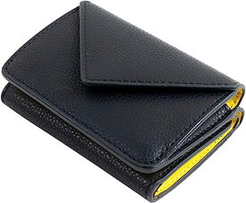 [MALTA] ミニ財布 三つ折り メンズ レディース コンパクト 小さい 財布 レザー 牛革 ボタン型 小銭/カード入れ 大容量 ブラックイエロー