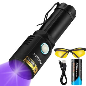 12W 紫外線 ブラックライト 強力 UV LED ライト 波長365nm USB充電式 アニサキスライト ウッド灯検査 長距離の ペット尿検出器 鑑定 真贋 レジン用 硬化、釣り、鉱物用 UV保護メガネ リチウム電池付き