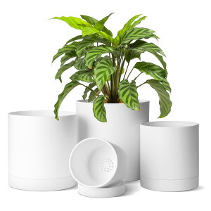 植木鉢 プラスチック プランター 4点セット 受け皿付き 10/12.5/15/17.5cm 沢山の排水穴 円形 現代風 フラワーポット 室外室内 観葉植物 ハーブ 花栽培適用 白