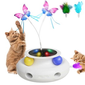 【最新型】 猫 玩具 一人遊び 猫 おもちゃ 4in1猫じゃらし 【蝶々回転/猫ボール/羽根飛び出し/LEDライト付き】 電動 自動 猫用 ねこ 知育玩具 ランキング 人気 飽きない 天然素材 室内 寂しさ解消 ストレス解消 運動不足対策(本体）