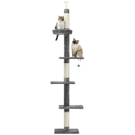 キャットタワー 突っ張り スリム 突っ張り棒 取り付け簡単 猫タワー ツッパリ 省スペース 麻紐 爪とぎ ボンボンおもちゃ 運動不足解消 多頭飼い - グレー 高さ調整幅238-275cm