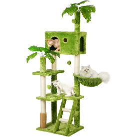 キャットタワー 大型猫用 葉付き 猫タワー 多頭飼い 耐荷重10KG キャットタワー大型 爪研ぎポール ハンモック 転倒防止装置 キャットハウス 猫 マッサージ 天然麻紐 展望台 階段 遊びのポンポン - グリーン 高さ165cm
