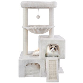 キャットタワー 猫タワー 据え置き ハンモック 隠れ家 猫ハウス 省スペース 爪とぎ 麻縄巻き 安定 95CM高さ おもちゃつき (ベージュ)