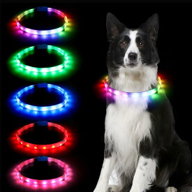 犬 光る首輪 12つ発光モード 多色発光 ペット LED首輪 USB充電式 サイズ調整可能 装着簡単 柔らかい 犬 猫 夜散歩ライト 軽量 安全対策 視認性 小型＆中型＆ 大型犬