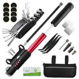 パンク修理キット 自転車 ぱんく修理セット 携帯 自転車工具 16イン1マルチツール 120PSI対応ミニポンプ ロードバイク クロスバイク 米式/仏式バルブ対応 タイヤパッチ 応急修理用 コンパクト メンテナンス 持ち運び便利 説明書付き