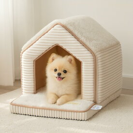 ペットベッド 犬ベッド ドーム型 ふわふわ 猫ハウス 犬小屋 室内用 洗える 折りたたみ 小型犬 Mサイズ ベージュ | うさぎや小動物にも使えるキャットハウス、やわらかい肌触りで包まれる隠れ家、底面すべり止め付き、クッション取り外し可、約2kgと軽くファスナーで