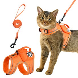【猫】 ハーネス リード セット 2M 抜けない 脱出防止 嫌がりにくい 胴輪 猫用 簡単装着 撥水仕様 GPS対応3ポケット付き 多層構造の通気性 ウトドアナイロン生地 リフレクター付き 散歩 お出かけ 軽量 サイズ調節可能