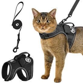 【猫】 ハーネス リード セット 2M 抜けない 脱出防止 嫌がりにくい 胴輪 猫用 簡単装着 撥水仕様 GPS対応3ポケット付き 多層構造の通気性 ウトドアナイロン生地 リフレクター付き 散歩 お出かけ 軽量 サイズ調節可能