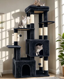 【F61】 キャットタワー 大型猫用 多頭飼い 据え置き 多機能 付き ハンモック 見晴台 強い安定性 簡単に登れる ダークグレー | 据え置き 猫タワー 付き 2つ大型キャットハウス 展望台 ハンモック 7つ天然麻紐爪とぎポール 転倒防止ストラップ 成猫、子猫、高齢猫に適し
