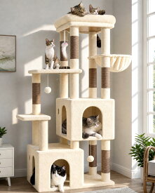 【F61】 キャットタワー 大型猫用 多頭飼い 据え置き 多機能 付き ハンモック 見晴台 強い安定性 簡単に登れる ベージュ | 据え置き 猫タワー 付き 2つ大型キャットハウス 展望台 ハンモック 7つ天然麻紐爪とぎポール 転倒防止ストラップ 成猫、子猫、高齢猫に適して