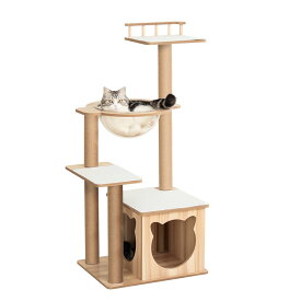 【キャットタワー】 据え置き おしゃれ コンパクト 多頭飼い 高さ112cm 木製 シニア猫 冬夏兼用 滑り止めマット付き 子猫 安定感 低め 転倒防止デザイン 展望台 猫ベッド 運動不足解消 省スペース スリム 爪とぎポール コットン紐 麻紐