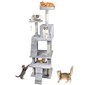 【キャットタワー】 スリム 大型猫用 猫タワー 多頭飼い 据え置き型 簡単に登れる 2つ階段付き 麻爪とぎポール 省スペース キャットハウス 展望台 おもちゃ 運動不足解消 高い安定性 お手入れ簡単 老猫用 短足用 高さ160cm