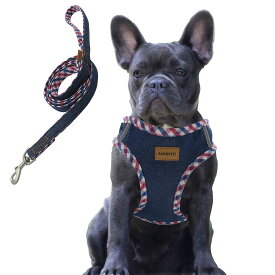デニム犬用ハーネス＆リードセット、通気性の高いメッシュ素材、軽量、ハーネス胸元に反射材付き - 中型犬用 (ハーネスとリードをセット(ダーク ブルー) M胴範囲42-48cm)