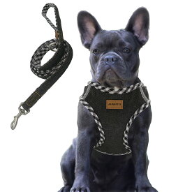 デニム犬用ハーネス＆リードセット、通気性の高いメッシュ素材、軽量、ハーネス胸元に反射材付き - 中型犬用 (ハーネスとリードをセット(ブラック) M胴範囲42-48cm)