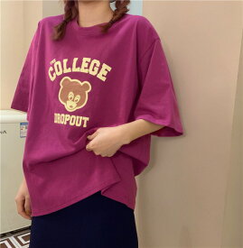 くま　ベア　Tシャツ　4色　ロゴ　半袖　トップス　大きい　大きめ　ビッグ　ピンク　オレンジ　白　ブルー　グリーン　レディース　ガールズ　ダンス　衣装　ヒップホップ　HIPHOP　メンズ　韓国　奇抜　派手　お揃い　通学　服　プリント　個性的　ストリート　ビッグ