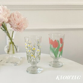 チューリップ　コップ　2点セット　コスモス　ガラス　雑貨　食器　グラス　花柄　おしゃれ　北欧　安い　セット　イラスト　可愛い　お揃い　かわいい　マグカップ　ティーカップ　カフェ 韓国　雑貨