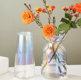 オーロラ　ホログラム　花瓶　4色　透明　クリア　ガラス　ブラウン　一輪挿し　韓国　おしゃれ　雑貨　アンティーク　インテリア　北欧　小さい　小さめ　大きい　大きめ　長方形　丸　円　細い　太い　レトロ　ヴィンテージ風