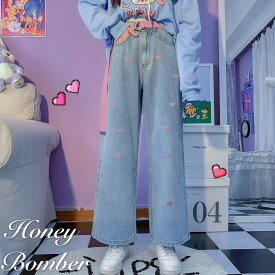 「ベルトなし」ハート　デニム　パンツ　ボトムス　デニム　ジーパン　ジーンズ　ブルー　刺繍　ロゴ　ワイド　ストレート　ハイウエスト　レディース　ガールズ　ジーパン　ダンス　衣装　ヒップホップ　HIPHOP　韓国　パステル　可愛い　おしゃれ　大きいサイズ　ガーリー