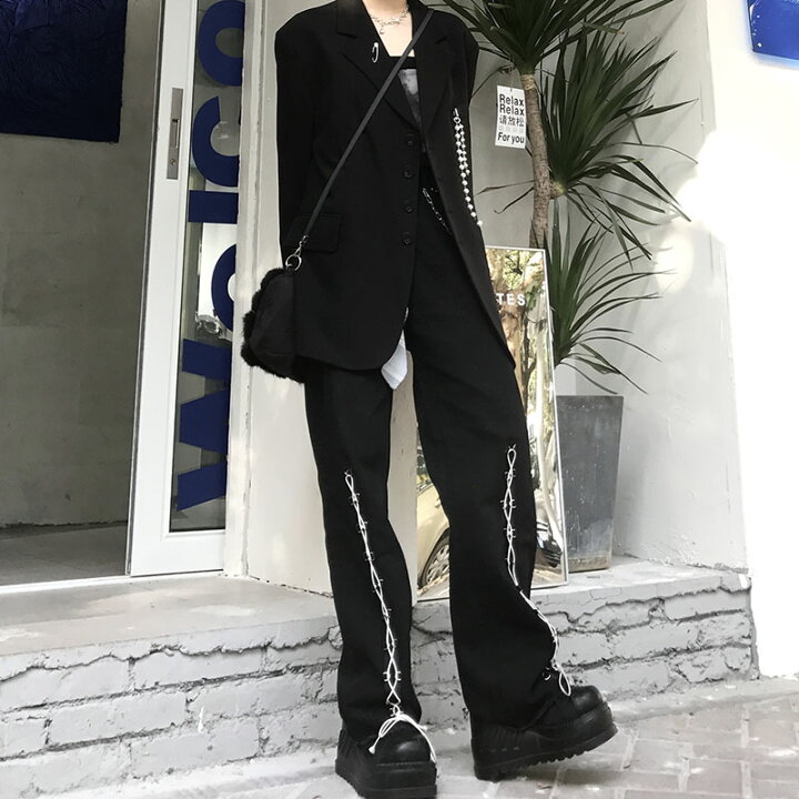 楽天市場 編み上げ パンツ ズボン ボトムス ロング 黒 ブラック 白 ホワイト ストレート ハイウエスト ダンス 衣装 ヒップホップ Hiphop 韓国 ファッション ストリート おしゃれ かっこいい 無地 シンプル リボン 個性的 個性派 原宿 新作 21 Kathina