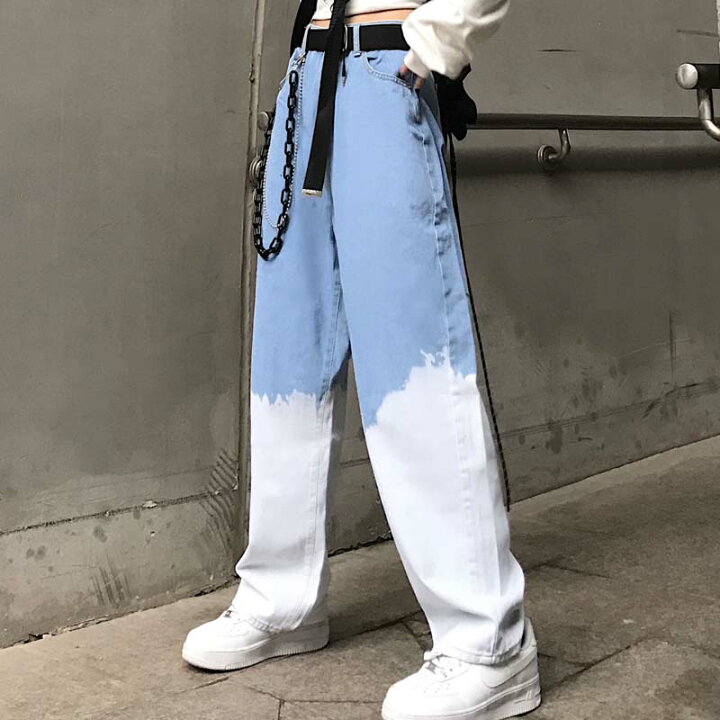 楽天市場 デニム パンツ ロング ボトムス ズボン ジーンズ レディース メンズ ガールズ ダンス 衣装 ヒップホップ Hiphop ブルー 青 白 ホワイト ストレート ワイド ハイウエスト おしゃれ 韓国 ファッション だぼだぼ 大きい 個性的 服 原宿 Kathina