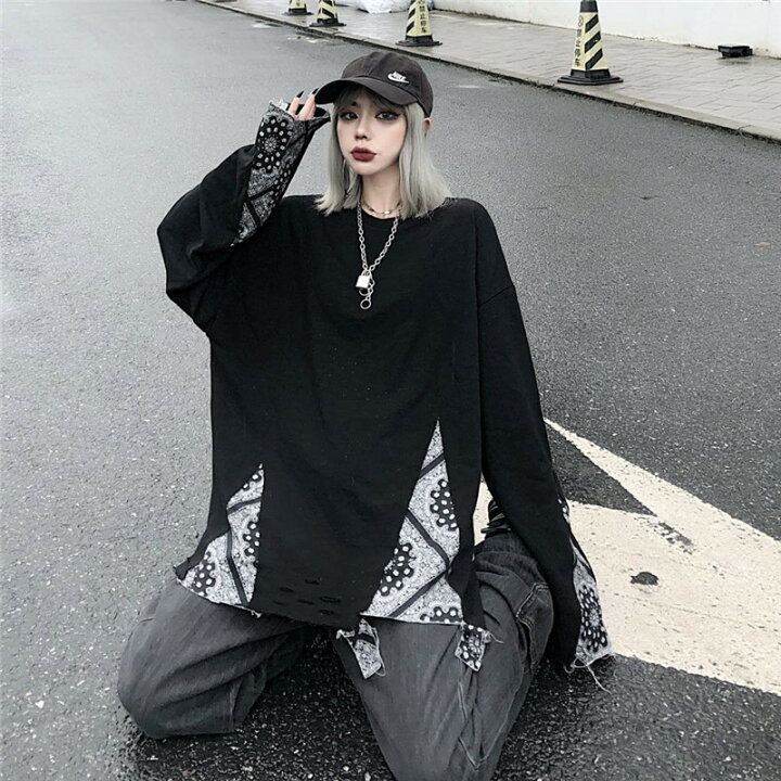 楽天市場 ペイズリー トップス カットソー 長袖 Tシャツ ダメージ 破れ加工 黒 ブラック 白 ホワイト 服 ダンス 衣装 ヒップホップ Hiphop レディース メンズ ガールズ 大きい 長め ゆったり おしゃれ 韓国 かっこいい ストリート 個性的 奇抜 Kathina
