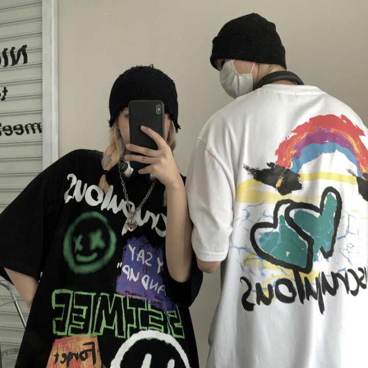 楽天市場 半袖 Tシャツ トップス カットソー 黒 ブラック 白 ホワイト レディース メンズ ガールズ ダンス ヒップホップ Hiphop カラフル デザイン プリント ロゴ ニコちゃん スマイル ハート ペンキ 大きい ビッグ 韓国 おしゃれ かっこいい Kathina