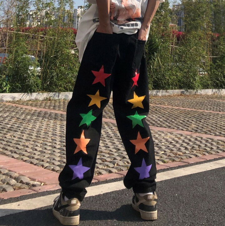 楽天市場 ブラック デニム ボトムス ズボン ジーンズ ジーパン 黒 ロゴ 星 スター カラフル ストレート レディース メンズ ガールズ ダンス 衣装 ヒップホップ Hiphop 韓国 おしゃれ かっこいい 個性的 大きい だぼだぼ ペイント デザイン Kathina