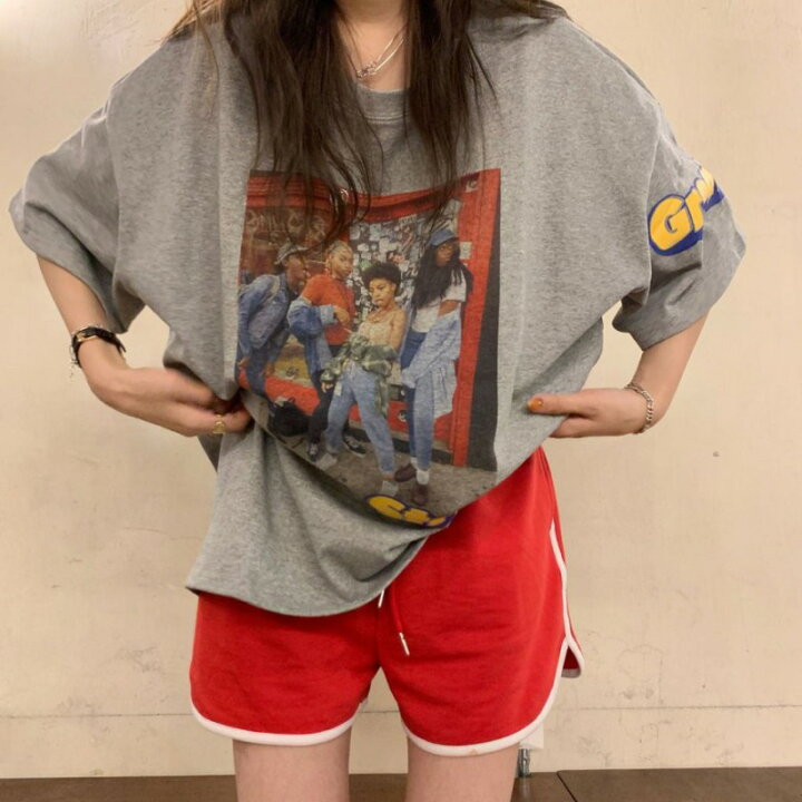 楽天市場 フォトプリント Tシャツ トップス カットソー 半袖 大きい ビッグ グレー ロゴ 写真 外国 外国人 ダンス 衣装 ヒップホップ Hiphop レディース メンズ ガールズ ストリート 個性的 韓国 かっこいい おしゃれ 写真 カラフル ヴィンテージ風 レトロ Kathina