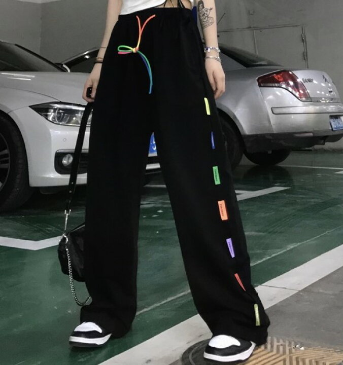 楽天市場 タグ パンツ ズボン ボトムス 黒 ブラック ブルー 青 ロング カラフル ダンス 衣装 ヒップホップ Hiphop レディース メンズ ガールズ ゴム おしゃれ かわいい かっこいい ストリート 原宿 個性的 服 紐 蛍光色 ジャージ スウェット 無地 Kathina