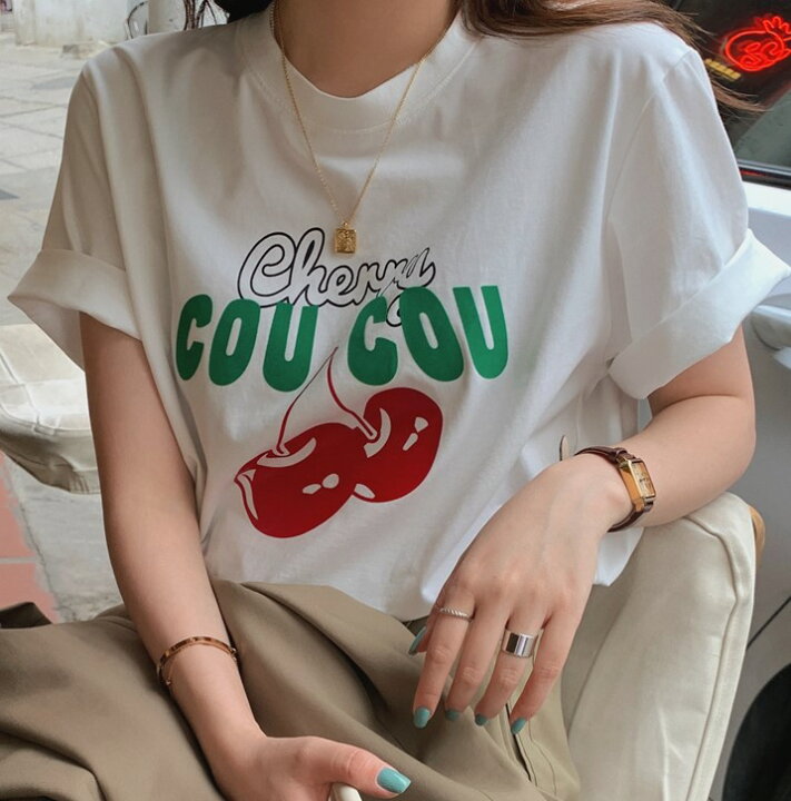 楽天市場】チェリー ロゴ Tシャツ 半袖 トップス カットソー 白  