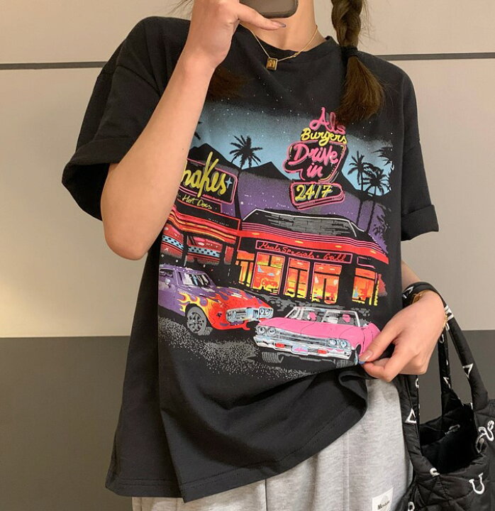 楽天市場 レトロ プリント Tシャツ 半袖 トップス カットソー 黒 ブラック グレー ダンス 衣装 ヒップホップ Hiphop レディース メンズ ガールズ 大きい ビッグ 車 旧車 カー ロゴ カラフル 蛍光色 ストリート 服 Kpop デザイン 夜景 風景 外国