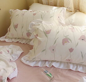 花柄　枕カバー　3色　74cm×48cm　レース　白　ホワイト　ピンク　チューリップ　小花柄　デイジー　刺繍　おしゃれ　かわいい　韓国　雑貨　ゆめかわいい　パステル　シンプル　コットン　綿　フリル　フレア　姫系　レディース　キッズ　フラワー　レース　子ども部屋