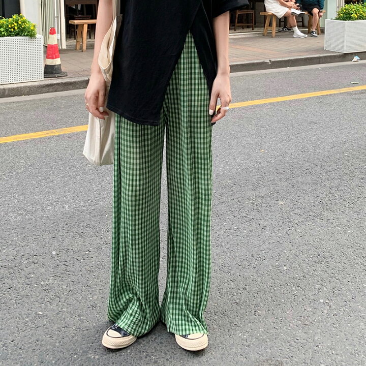 楽天市場 チェック リブ パンツ ボトムス ズボン ロング ストレート ゴム 緑 グリーン 白 ホワイト ダンス 衣装 ヒップホップ Hiphop レディース メンズ ガールズ Kpop ストリート 大人 服 ゆったり 運動 部屋着 おしゃれ かわいい ワイド Kathina