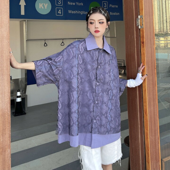 楽天市場 蛇柄 シャツ ブラウス トップス カットソー 半袖 五分袖 紫 パープル ダンス 衣装 ヒップホップ Hiphop レディース メンズ ガールズ 大人 Kpop ストリート 羽織 前開き ボタン 総柄 柄シャツ おしゃれ 男女兼用 Kathina