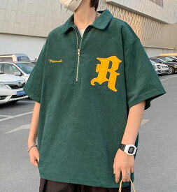 ハーフジップ　トップス　3色　ロゴ　半袖　カットソー　Tシャツ　シンプル　ポロシャツ　ジップアップ　緑　黒　ブラック　ブラウン　ダンス　衣装　ヒップホップ　HIPHOP　レディース　メンズ　ガールズ　ストリート　個性的　奇抜　韓国　大きいサイズ　ビッグ　ゆったり