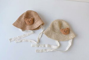 ベビー くま 麦わら風帽子 赤ちゃん ベージュ ブラウン 綿 コットン おしゃれ 可愛い 韓国 0歳〜6歳 柔らかい キッズ 日よけ カジュアル ナチュラル シンプル プレ