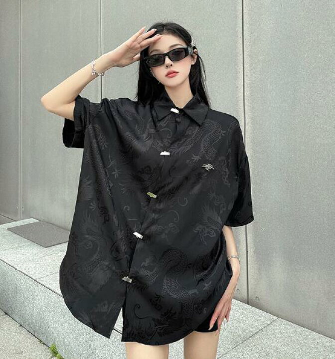 楽天市場】チャイナ服 柄シャツ 総柄 龍柄 半袖 ビッグシルエット ゆめ 