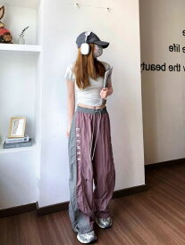 バイカラー　パンツ　ズボン　ボトムス　スウェット ロング　ワイド　太い　太め　大きいサイズ　ビッグ　ジャージ 　ゆったり　ハイウエスト　ポケット　ダンス　衣装　ヒップホップ　HIPHOP　レディース　メンズ　ガールズ　個性的　奇抜　かっこいい