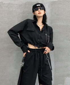 ♪S~XL展開♪ネクタイ シャツ ブラウス トップス カットソー 長袖 黒 ブラック 短い 短め 安全ピン 前開き へそ出し セクシー 大きいサイズ ダンス 衣装 ヒップホップ