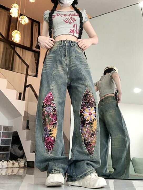 楽天市場】♪S~XL展開♪カラフル 切替 デニム ズボン ボトムス パンツ 