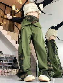 迷彩　ミリタリー　切替　重ね着風　カーゴパンツ　パンツ　ズボン　ボトムス 　ダンス　衣装 ダンス イベント文化祭　 コスチューム 韓国ファッション HIPHOP　 ヒップホップ 　レディース 　ガールズ　ストリート　 個性的　奇抜　かっこいい