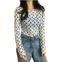 月柄　3色　シースルー　トップス　長袖　カットソー　薄手　透け感　Tシャツ　インナー　重ね着　ダンス　衣装　ヒップホップ　HIPHOP　レディース　ガールズ　ストリート　個性的　スター　星　韓国　おしゃれ　セクシー　メロウ　メロー　白　黒　緑　総柄